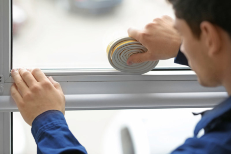 A man applies weather stripping around a window